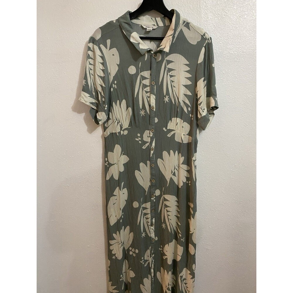 O’Neill Tropical Leaf Print Maxi Shirt Dress Button Front Sage Green XL H66